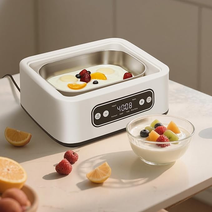 1.7-Quart Yogurt Maker with Adjust Temp(21°C-48°C/70°F-118°F) & Time(1-99h),110V-240V Auto-adaptive,Steel Inner Pot,BPA-free,Celsius Increment,Real-Time Countdown LED Display (Additional 9 jars)