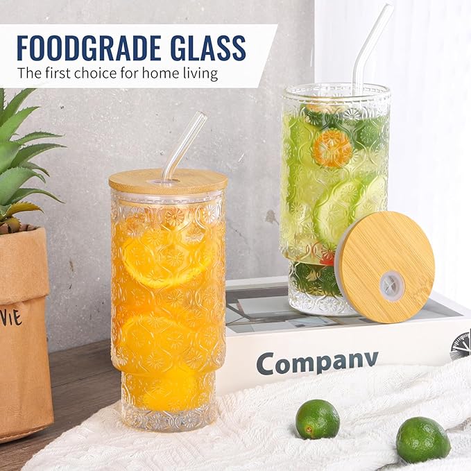 16 Oz Glass Cups with Lid and Straw, Vintage Embossed Floral Glass Tumbler, Iced Coffee Cups for Whiskey Cocktail Beer (1 PACK)