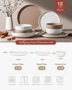 Famiware Milkyway Plates and Bowls Sets, 12 Pieces Stoneware Dinnerware Sets, Dishes Set for 4, White & Cinnamon Brown