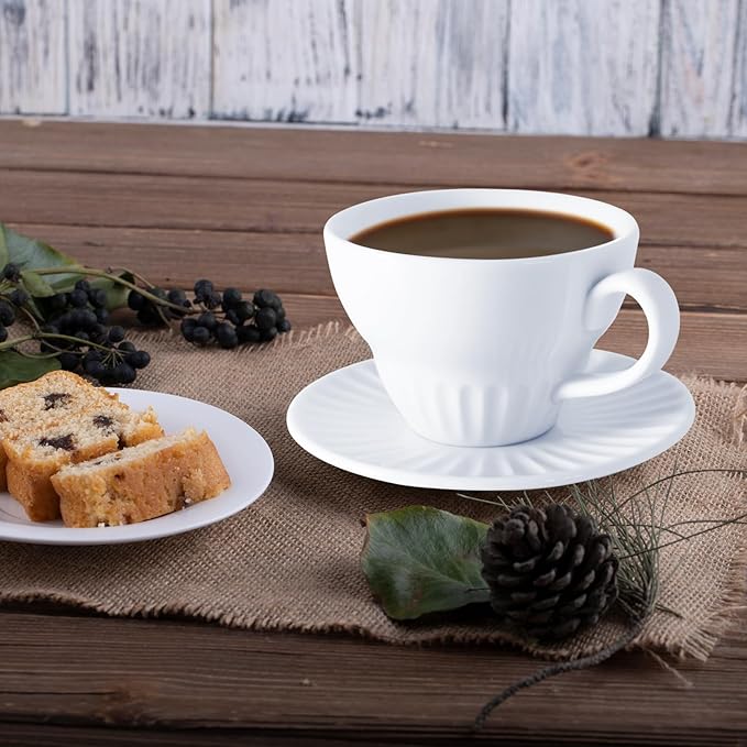 4 oz White Espresso Cups Set of 2, Ceramic Cappuccino Cups with Saucers, Durable Porcelain Tea Set & Modern Coffee Cup Collection, Coffee Lover Gifts