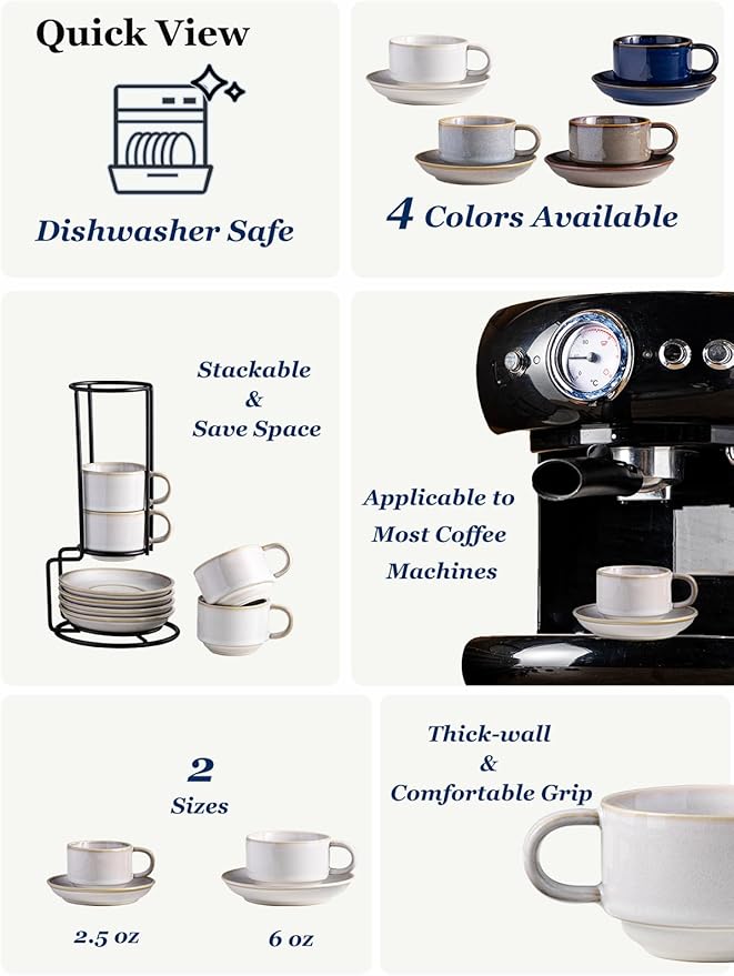 Gomakren 2.5 Ounce Espresso Cups Set of 4, Small Stackable Coffee Cups with Saucers and Metal Stand, Halloween Porcelain Demitasse Cups for Specialty Coffee Drinks, Espresso, Cappuccino, Latte, White