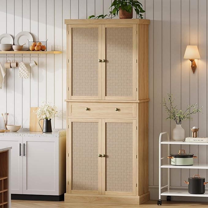 72" Tall Freestanding Pantry Cabinet, Farmhouse Wooden Storage Cupboard with 4 Doors (Barn Doors), 1 Drawer & Adjustable Shelves, Rustic Tall Cabinet for Kitchen, Dining Room, Living Room