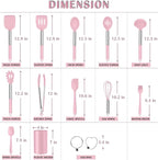 E-far Silicone Cooking Utensils Set, 14-Piece Pink Kitchen Utensils Set with Holder, Kitchen Tools Spatulas with Stainless Steel Handle for Non-stick Cookware, Heat Resistant & Dishwasher safe