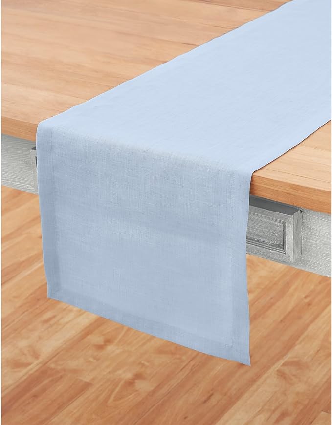 Solino Home Linen Sky Blue Table Runner 60 Inches - 100% Pure Linen Short Table Runner 14 x 60 Inch Ideal for Dresser and Coffee Tables - Summer - Fete