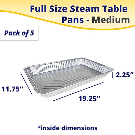 IDL Packaging Full Size Aluminum Steam Table Pans - Medium, 21" x 13" x 2.25" (pack of 5) - Disposable Foil Pan for Grilling, Roasting, BBQ, Cooking, Baking, Freezing