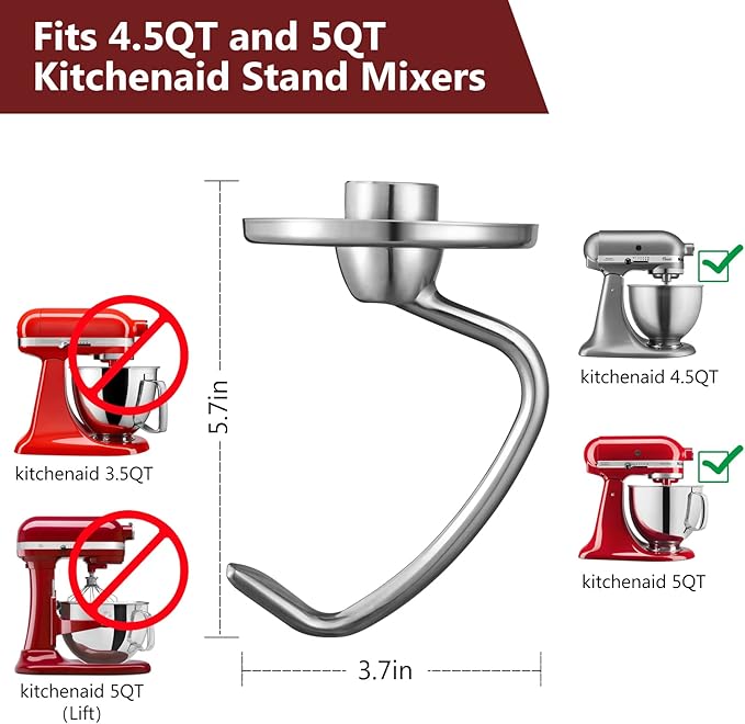 Dough Hook for KitchenAid Stand Mixer 4.5QT and 5QT, Stainless Steel Mixer Dough Attachments for Kitchenaid, Dishwasher Safe