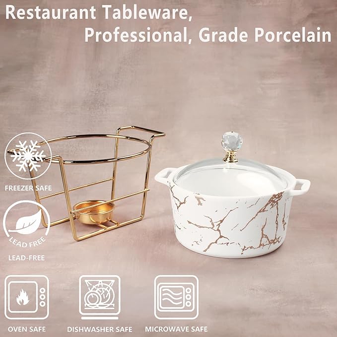 4.9" Mini Ceramic Casserole Dish with Glass Lid and rack, Set of 2, 13.5 Oz French Onion Soup Serving Tureen, Chafing Dish for Individual Portion, Chocolate fondue Party, Bakery, Desserts