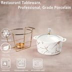 4.9" Mini Ceramic Casserole Dish with Glass Lid and rack, Set of 2, 13.5 Oz French Onion Soup Serving Tureen, Chafing Dish for Individual Portion, Chocolate fondue Party, Bakery, Desserts