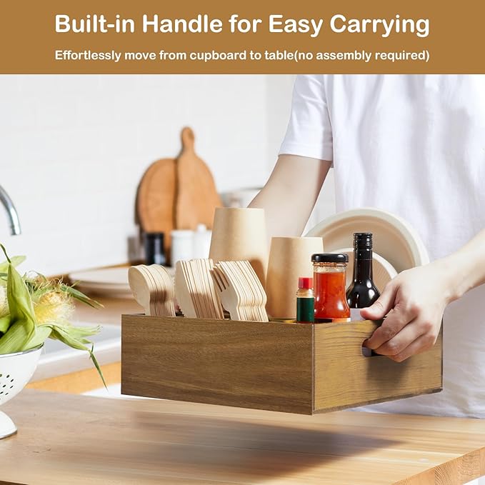 Acacia Wood Utensil Holder for Party, 6-Compartment Paper Plate and Silverware Organizer with Handles, Rustic Utensil Caddy for Parties, Outdoor Gatherings, and Kitchen Countertop Organization