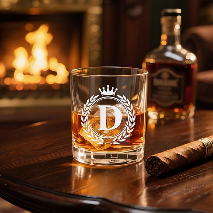 Whiskey Glasses - Rocks Old Fashioned Glass Gifts for Men, Monogrammed A-Z 10oz Personalized Whisky Glasses, Christmas Birthday Gifts for Men Him Dad Father Husband Brother Son (D)