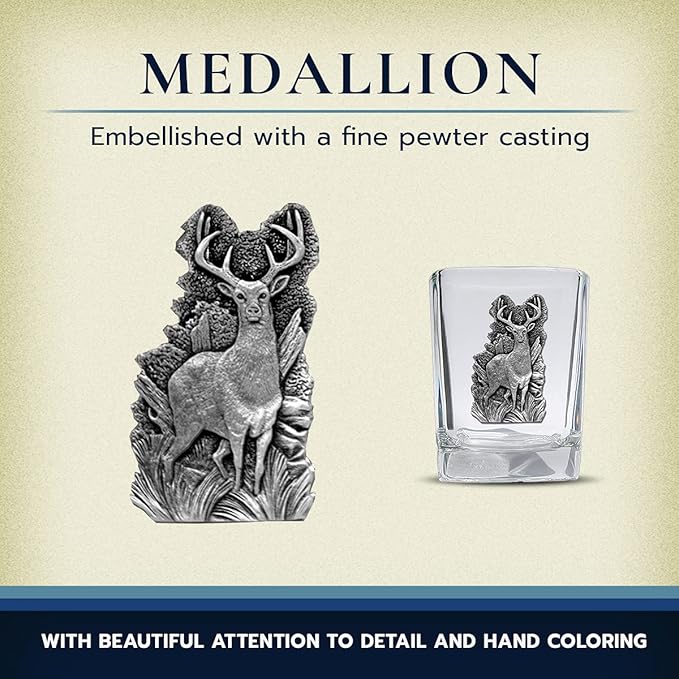 Heritage Pewter Whitetail Deer Square Shot Glass | Hand-Sculpted 1.5 Ounce Shot Glass | Intricately Crafted Metal Pewter Inlay