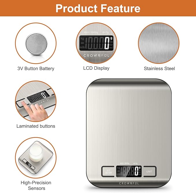 CROWNFUL Food Scale, 11 lb Digital Kitchen Scales with Built-in Coin Battery, Weight Ounces and Grams for Cooking and Baking, 6 Units with Tare Function, LCD Display, 304 Stainless Steel