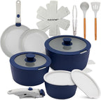 NutriChef 18-Piece Ceramic Cookware Set with Detachable Handles, Non Stick Pots and Pans, PTFE-Free Natural Ceramic Coating, Space-Saving Design, Oven & Stove Safe, Includes Utensils, Blue