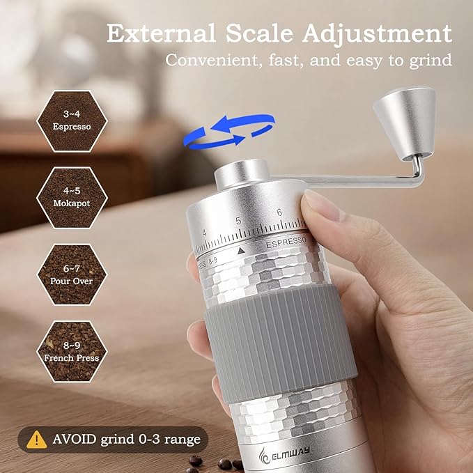 Manual Coffee Grinder, Hand Coffee Grinder, Metal Body with Seven star titanium plated 440 Stainless Steel Conical Burr Portable Coffee Grinders for Home Use, Office, Travel
