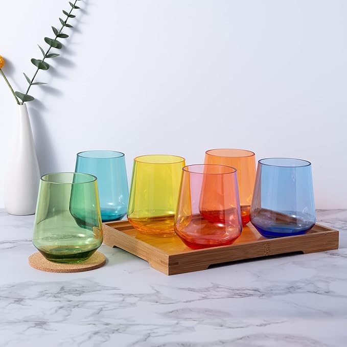 KX-WARE Unbreakable 16-ounce Acrylic Stemless Wine Glasses All Purpose Plastic Tumbler, set of 6 Multicolor Dishwasher Safe BPA Free Classic Style