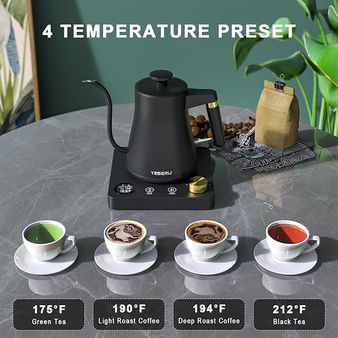 1200W Gooseneck Kettle with ±1℉ Temperature Control,Pour Over Electric Kettle for Coffee & Tea,Digital Display,4 Temp Preset,12H Keep Warm,100% Stainless Steel,Rapid Heating,1L,Matte Black