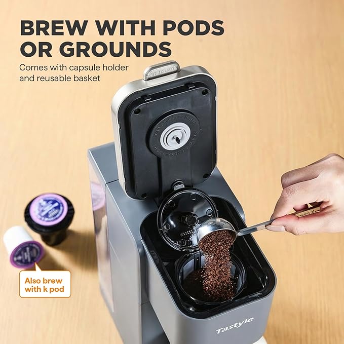 Single Serve Coffee Maker, Iced and Hot Coffee Machine for K Cup & Grounds, Compact Design, 40oz Removable Water Reservoir, 6 to 24 Oz Brew Sizes, Fits 7.3" Travel Mug, Gray