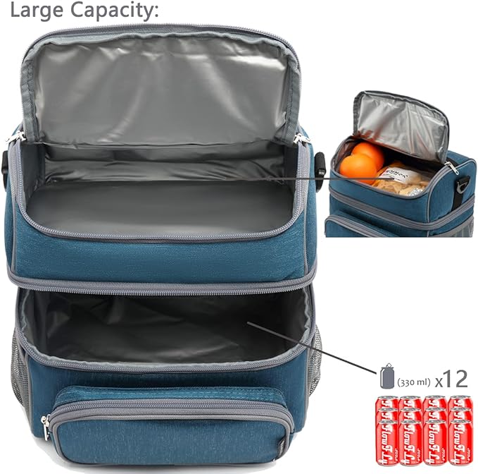FlowFly Double Layer Cooler Insulated Lunch Bag Adult Lunch Box Large Tote Bag for Men, Women, With Adjustable Strap,Front Pocket and Dual Large Mesh Side Pockets