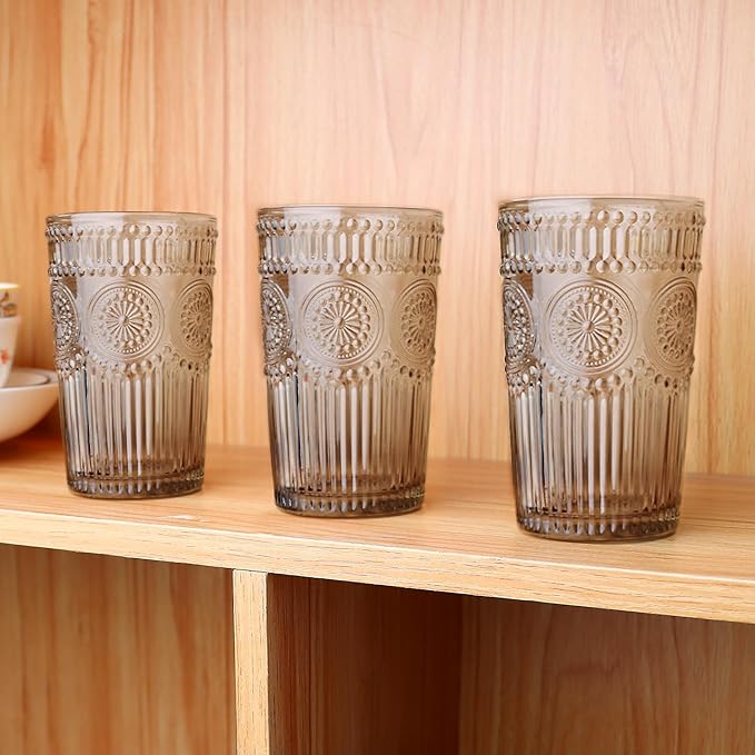 6pcs Vintage Drinking Glasses Set, 12 oz Tawny Highball Glasses, Embossed Ribbed Glassware Cups for Cocktail, Water, Juice, Coffee, Whiskey