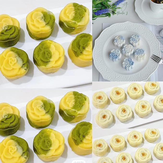 Moon Cake Mould Set,Includes12 pcs Sakura flower pattern base and 2 Pieces Bath Bombs Press,Mid Autumn Festival DIY Hand Press Cookie Stamps Pastry Tool Moon Cake Maker(50g) White L