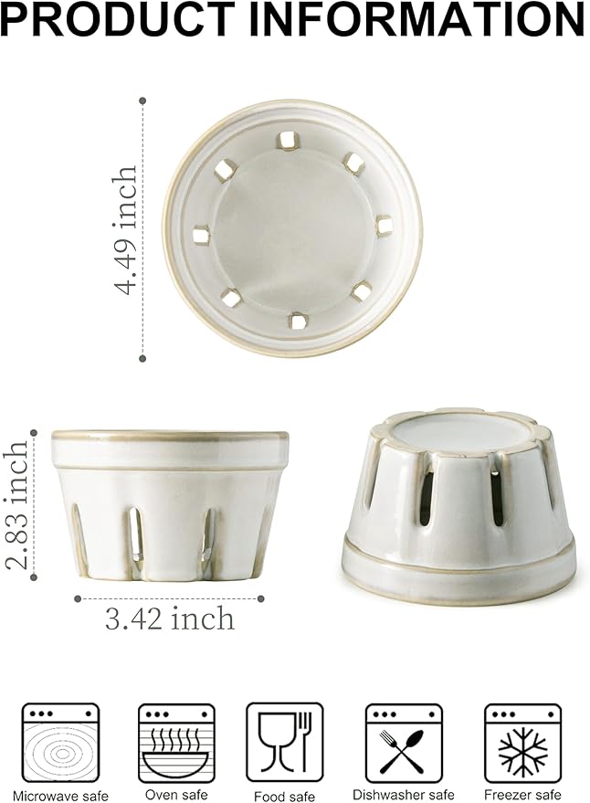 Gomakren Ceramic Berry Basket Set of 2, Round Fruit Bowl with Holes, Small Fruit Basket Containers for Kitchen Counter, Berries, Strawberry, Grape, Cherry, White