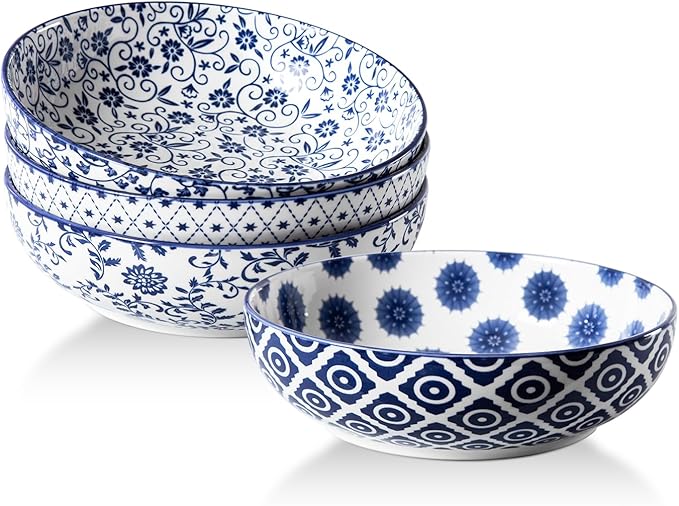 Ceramic Large Pasta Bowls - 45 OZ Salad Bowls 8 inch Wide Serving Bowls for Soup Dessert Noodle Dinner Fruit Bowls - Microwave Dishwasher Safe - Set of 4 - Vintage Blue