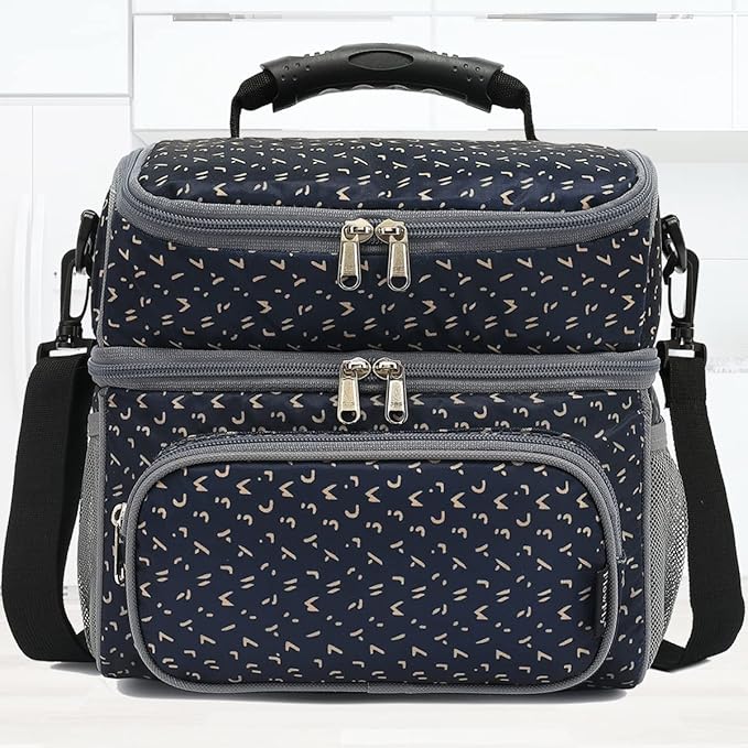 FlowFly Double Layer Cooler Insulated Lunch Bag Adult Lunch Box Large Tote Bag for Men, Women, With Adjustable Strap,Front Pocket and Dual Large Mesh Side Pockets