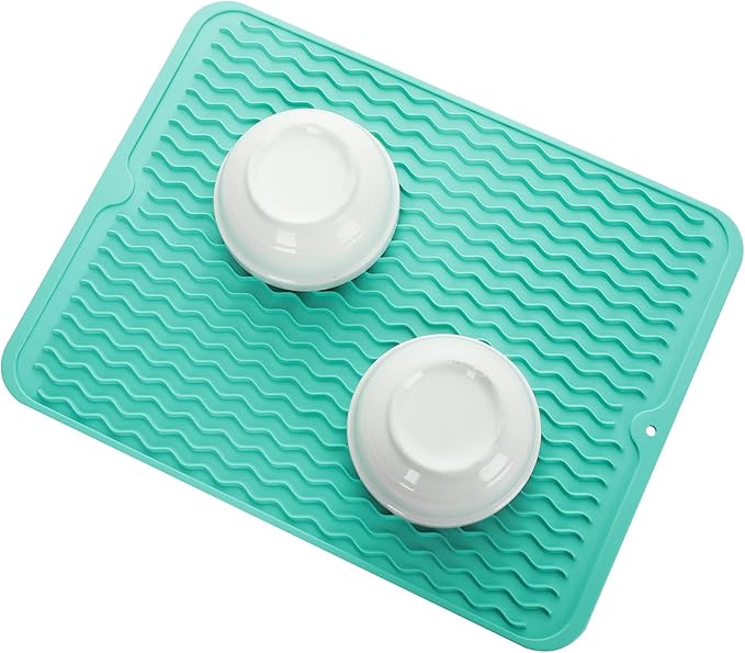 Silicone Dish Drying Mat for Multiple Usage,Easy clean,Eco-friendly,Heat-resistant Silicone Mat for Kitchen Counter or Sink,Refrigerator or drawer liner Mint L 16 inches x 12 inches