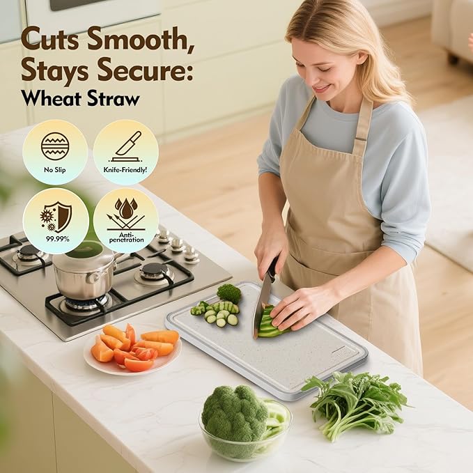 Titanium Cutting Board, Dual Sided Food Grade Titanium & Wheat Straw PP, Non Slip Scratch Resistant Easy Clean, cutting boards for kitchen, 15.16" x 10.43"