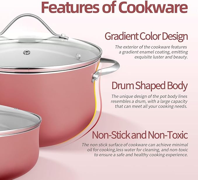 Kitchen Pots and Pans Set Non Stick, 11 Pcs Ceramic Cookware Set with Stay-Cool Handle, Pot and Pan Set NonToxic PFOA/PFAS Free, Dishwasher/Oven Safe, Evenly Heats, Enamel Exterior - Coral Red