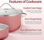 Kitchen Pots and Pans Set Non Stick, 11 Pcs Ceramic Cookware Set with Stay-Cool Handle, Pot and Pan Set NonToxic PFOA/PFAS Free, Dishwasher/Oven Safe, Evenly Heats, Enamel Exterior - Coral Red