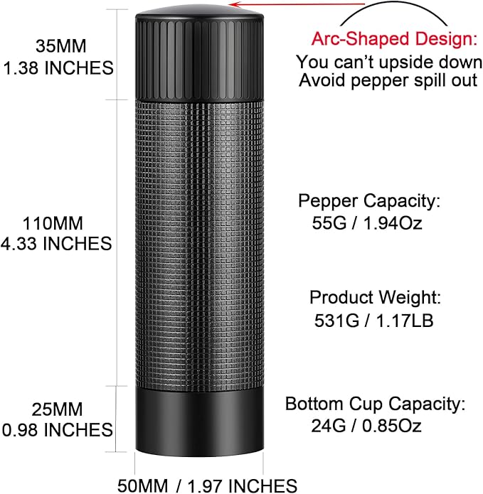 ARKNOAH Premium Pepper Grinder - Adjustable Coarseness with Aircraft-Grade Aluminum Body and Stainless Steel Blades-Refillable Manual Pepper Mill for Professional Kitchens & Commercial Use
