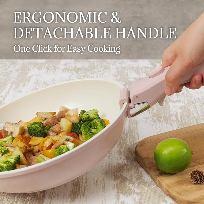 Ceramic Cookware Set Non Stick 8Pcs Pots and Pans Set Detachable Handle Induction Kitchen Cooking Set with Frying Pans Oven Dishwasher Safe, PFAS/PFOA Free, Pink