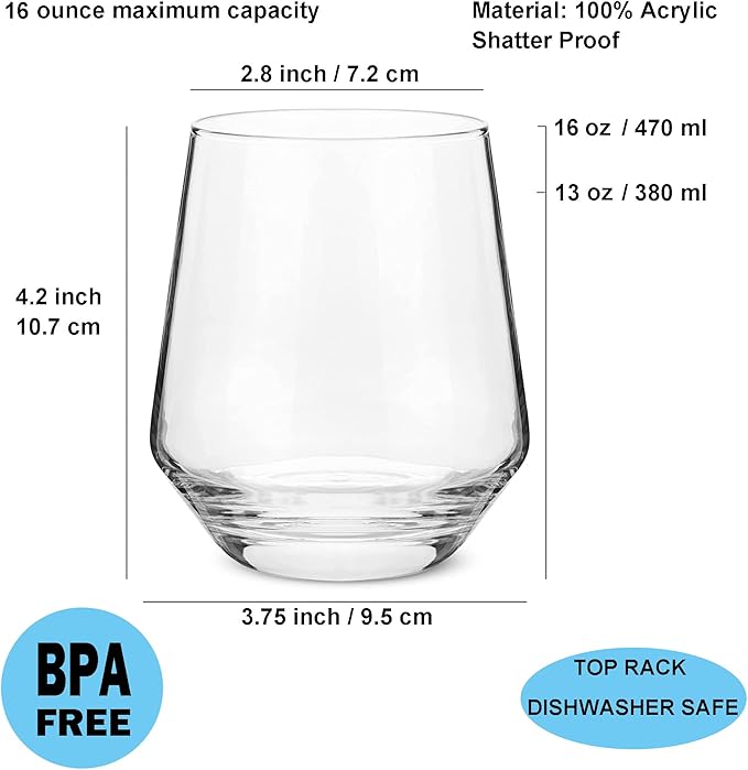 KX-WARE Unbreakable 16-ounce Acrylic Stemless Wine Glasses All Purpose Plastic Tumbler, set of 6 Clear Dishwasher Safe BPA Free Classic Style