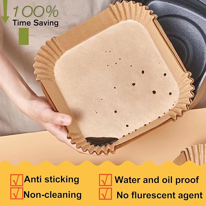 Large Air Fryer Disposable Paper Liners Square 9 Inch, 125 Pcs Parchment paper liner for 5-8QT Air fryer, Oil-proof, Water-proof, Parchment Baking Paper for Baking Roasting Microwave