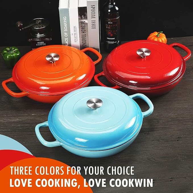 Cast Iron Casserole Braiser,3.8 Quart Enameled Cast Iron Pan,Heavy Duty Casserole Skillet with Lid and Dual Handles,Porcelain Surface Casserole Dish with Lid,Dutch Oven Gifts for Family,Red