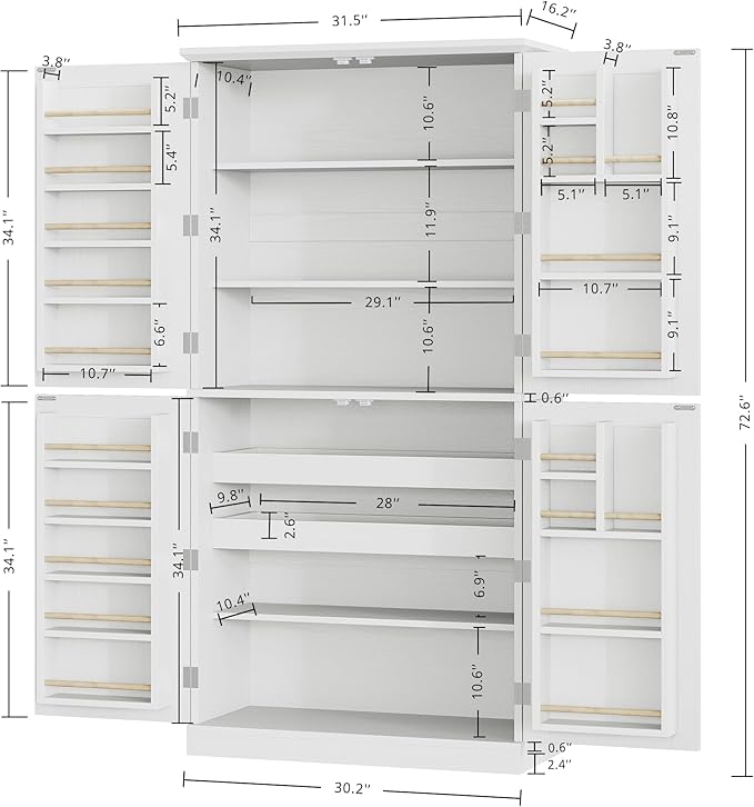 IRONCK Kitchen Pantry Storage Cabinet 72.8" H, 4 Barn Doors with Storage Rack, 4 Adjustable Shelves, Freestanding Cupboard for Dining Room Living Room, Laundry, White