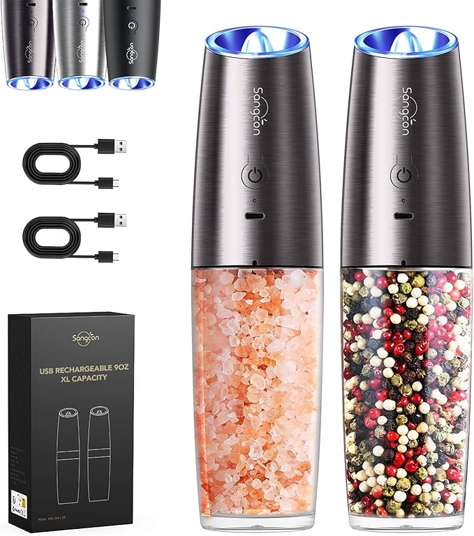 Sangcon Gravity Electric Salt and Pepper Grinder Set Shakers RECHARGEABLE 9OZ XL Capacity USB-C No Battery Needed - LED Light One Hand Operation, Adjustable Coarseness Automatic Mills Set for Gifts