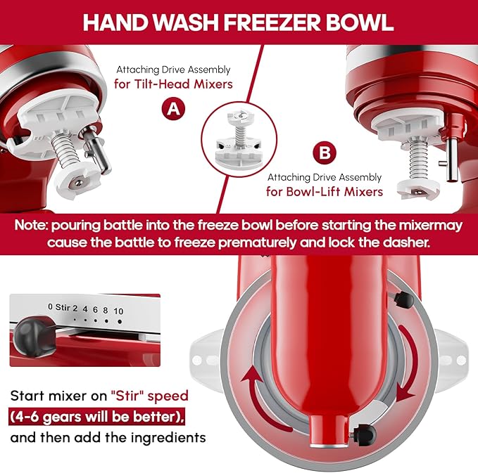 InnoMoon Ice Cream Maker Attachment for KitchenAid Stand Mixer, Compatible for Kitchenaid 4.5QT/5QT/6QT/7QT Stand Mixer, 2-Quart Frozen Yogurt, Sorbet Gelato Maker, Kitchen aid Ice Cream Maker (Red)