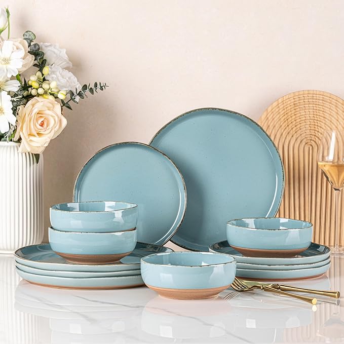 AmorArc Ceramic Dinnerware Sets for 4, 12 Pieces Handpainted Plates and Bowls Set with Rustic Terracotta Underside, Scratch Resistant Stoneware Dishes Set, Dishwasher & Microwave Safe