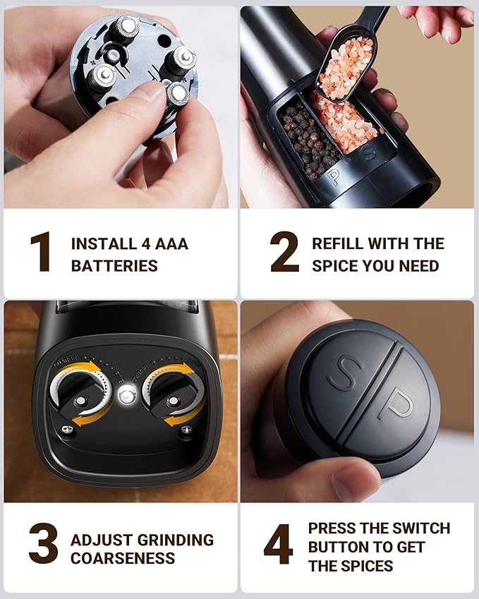 Sangcon Electric Salt and Pepper Grinder Set Shaker 2 IN 1 - Automatic Salt and Pepper Grinder Mill, Battery Powered One-Handed Operation Refillable with Light Dual Ceramic Grinder