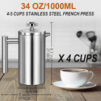 French Press Coffee Maker 34oz, Stainless Steel Double Wall Insulated, 3 Extra Filters & Coffee Spoon for Hot/Cold Brew, Durable Coffee Press for Home, Camping, Office - Silver