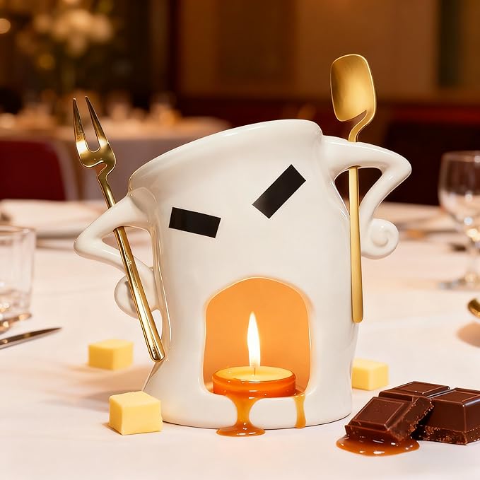 Ceramic Fondue Cup Set w/Built-In Fork & Spoon - Mini Chocolate/Cheese Fondue Mug | Microwave & Dishwasher Safe | Compact Gift-Ready (White)