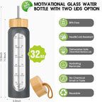 32 oz Glass Water Bottle with Straw - Motivational Time Marker & Silicone Sleeve - Reusable Tumbler Includes 2 Bamboo Lids & Fruit Infuser - 1 Pack