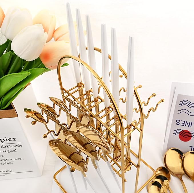 White Gold 24Pcs Flatware Set With Stand, Lightweight Dinnerware Set Stainless Steel Cutlery With White handles For Home Kitchen Wedding Party And Daily Use,Service For 6, Mirror Polish