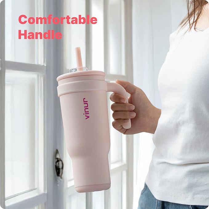 VINUR Insulated Tumbler with Handle-18/8 Stainless Steel Tumbler with Lid and Straw-Reusable Drink Water Cup Travel Mug for Women| Fits Cupholders|30 oz | Pink