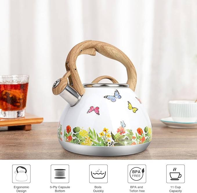Tea Kettle, Toptier Teapot Whistling Kettle with Wood Pattern Handle Loud Whistle, Food Grade Stainless Steel Tea Pot for Stovetops Induction Water Kettle, 2.7-Quart Butterfly