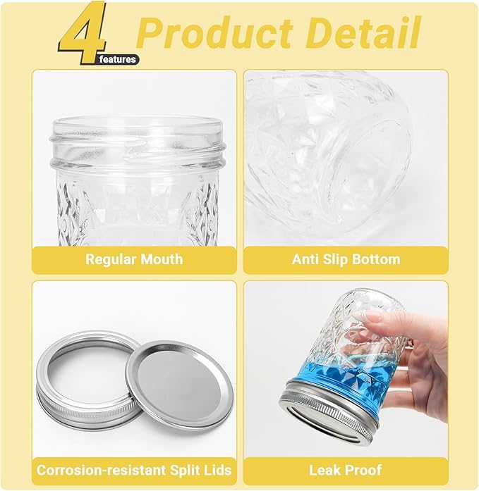 8 oz Glass Mason Jars, 24 Pack Regular Mouth Glass Canning Jars with Silver and Gold Aluminum Lids and Bands, Airtight Jam Jars for Food Storage, Pickling, Fermenting, Honey, DIY Candles Decor