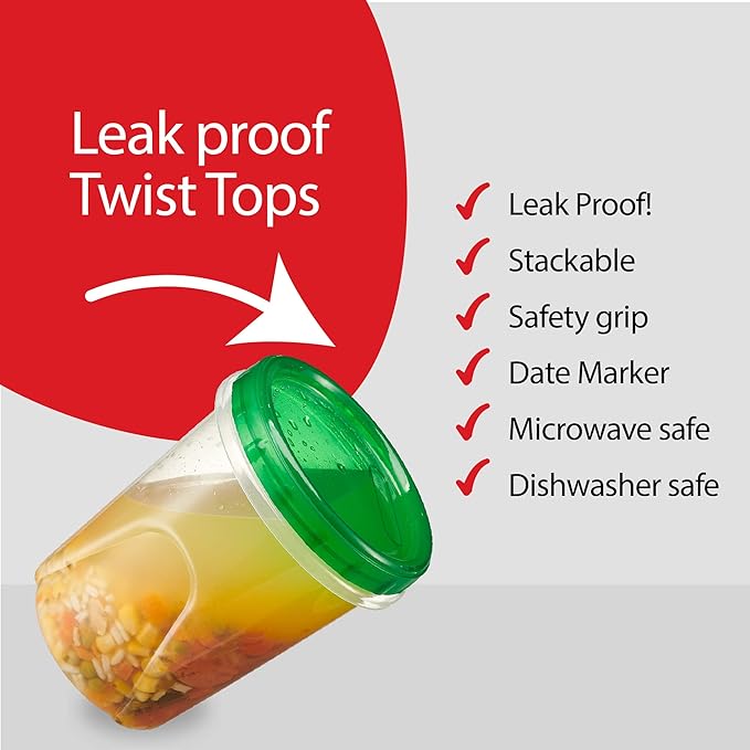 PLASTICPRO 6 Pack Twist Cap Food Storage Containers with Green Screw on Lid- 32 oz Reusable Meal Prep Containers - Freezer and Microwave Safe Green Plastic Food Storage