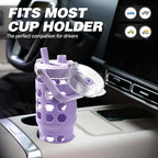 MUKOKO 32 oz Glass Tumbler with Straw,Glass Water Bottles with Time Marker,Iced Coffee Cup with Silicone Sleeve,Motivational Drinking Bottles,Leakproof-Purple